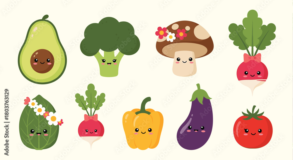 Fototapeta premium Adorable collection of smiling cartoon vegetables and a mushroom, including avocado, broccoli, radish, bell pepper, eggplant, tomato, and leafy greens.