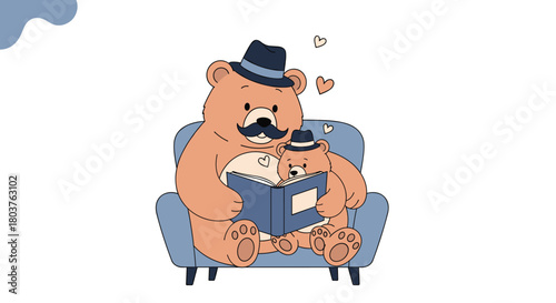 A loving father bear with a mustache and his cub, both wearing fedora hats, share a cozy storybook moment on an armchair, surrounded by hearts.