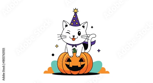 Adorable cartoon white cat in a purple witch hat and cape, winking with tongue out, sitting on a carved Halloween pumpkin.