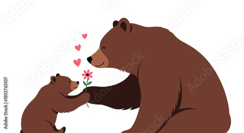 A loving bear cub presents a delicate pink flower to its smiling mother, surrounded by floating hearts, symbolizing warmth and affection.