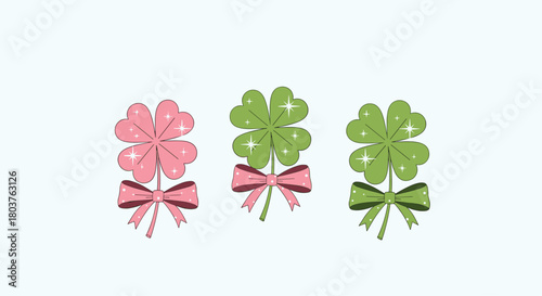 Three lucky four-leaf clovers, one pink and two green, each tied with a sparkling bow, bring a touch of charm and fortune.