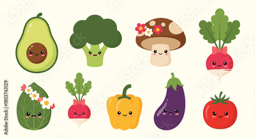 Adorable collection of smiling cartoon vegetables and a mushroom, including avocado, broccoli, radish, bell pepper, eggplant, tomato, and leafy greens.