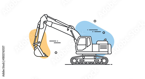 A line drawing of a construction excavator with abstract shapes in the background.