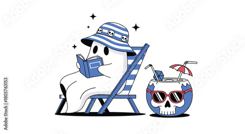 A cheerful ghost in a striped hat with skull motifs reads a book on a beach chair next to a skull cocktail, enjoying a relaxing summer.