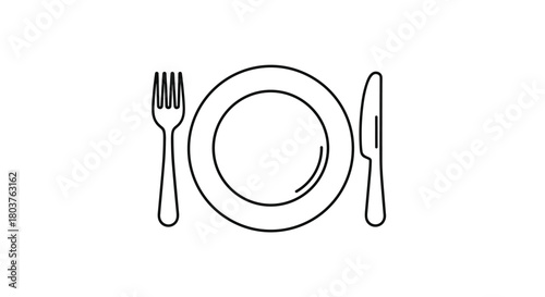 Simple illustration of a dinner plate with fork and knife set.  