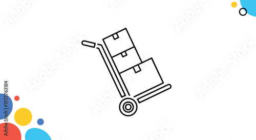 A simple line drawing of a hand truck with three boxes stacked on top of it.