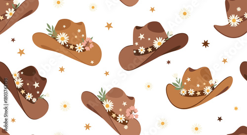 A charming seamless pattern featuring various brown cowboy hats adorned with delicate daisies, pink flowers, and golden stars on a clean white background.