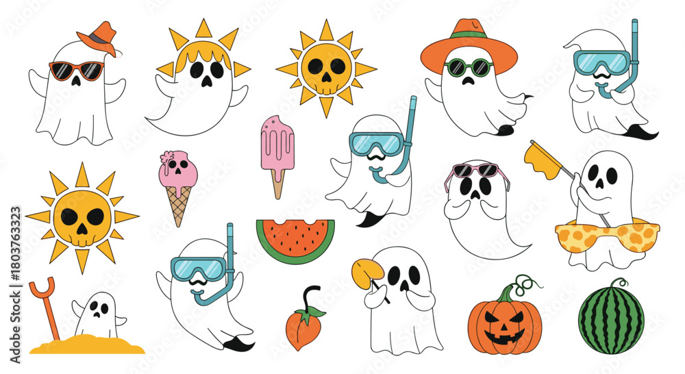 Fototapeta premium Whimsical cartoon ghosts enjoying summer vacations and hinting at Halloween with fun seasonal elements.