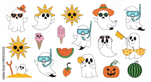 Whimsical cartoon ghosts enjoying summer vacations and hinting at Halloween with fun seasonal elements.