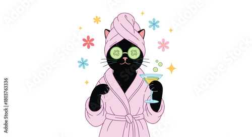 A cute black cat in a pink spa robe with a towel and cucumber slices on its eyes, relaxing with a martini drink.