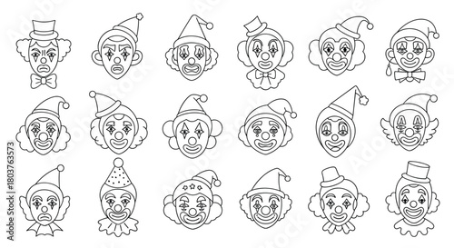 Seamless pattern of various cartoon clown faces in black and white outline style, featuring diverse hats, hairstyles, and whimsical expressions.