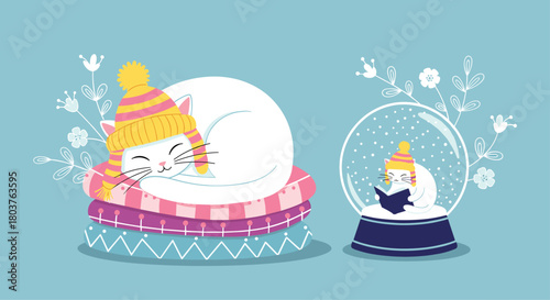 Two cute white cats in a cozy winter illustration; one naps on striped pillows wearing a hat, while the other reads a book inside a snow globe.
