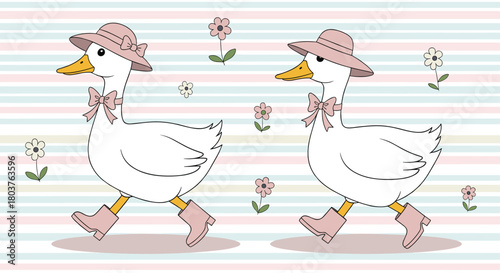 Two cute white geese in pink hats, bowties, and boots walk across a soft pastel striped background with small scattered flowers, perfect for children.