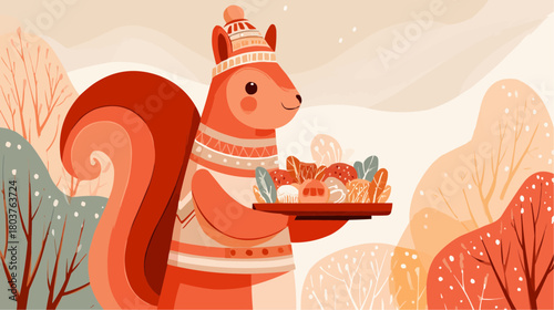 A squirrel baker holding a tray of gingerbread cookies with space for text for festive food packaging and holiday branding