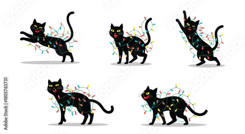 Playful black cats tangled in colorful Christmas lights, illustrating holiday mischief and feline antics during the festive season.