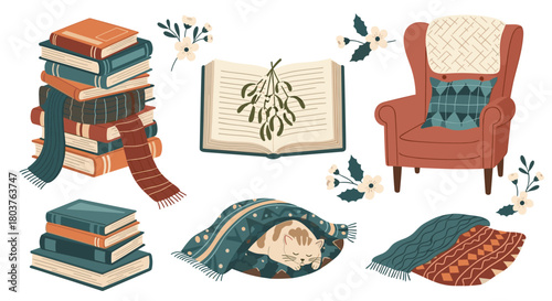 Cozy autumn or winter reading scene with books, warm blankets, a comfortable armchair, a sleeping cat, and decorative elements.
