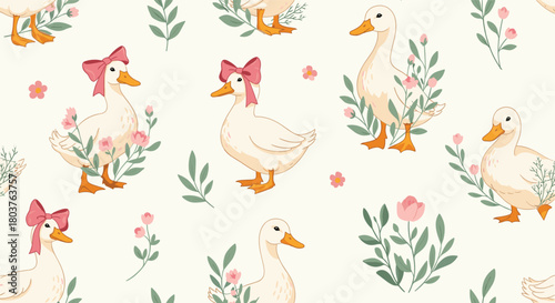 A delightful seamless pattern featuring adorable white ducks, some adorned with pink bows, amidst delicate pink flowers and green foliage.