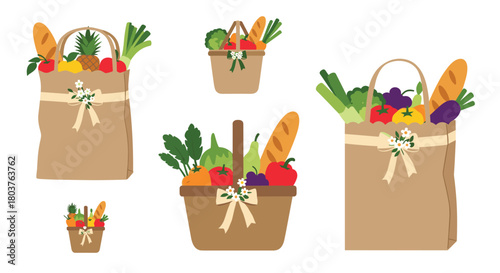 A selection of fresh produce and bread in decorative brown paper bags and rustic baskets, each adorned with ribbons and white flowers.