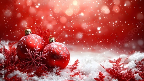 Bright red ornaments resting in soft snow with gentle snowfall creating a festive Christmas scene