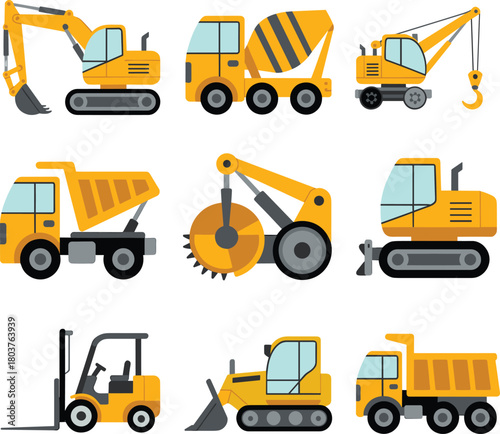 Construction vehicle illustration set featuring excavator, cement mixer, crane, dump truck, forklift, bulldozer, road cutter, heavy machinery icons collection