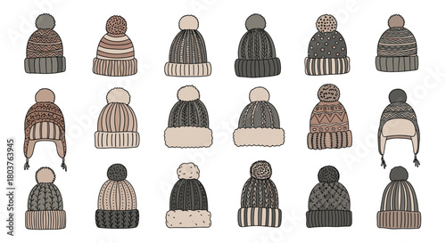 A diverse set of hand-drawn knitted winter hats, featuring various patterns, textures, and pom-poms, in a palette of neutral tones.