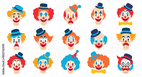 A diverse collection of colorful clown faces displaying various emotions and styles, featuring classic circus makeup, wigs, and hats.