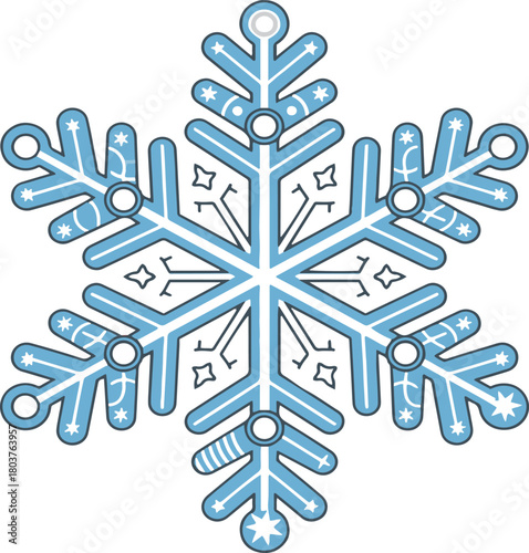 A detailed, six-pointed snowflake illustration with blue and white colors and ornate geometric patterns, designed possibly as an ornament.