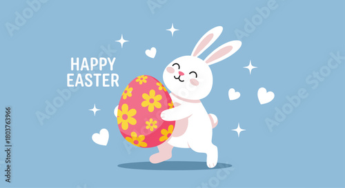 A cute white Easter bunny with a happy expression joyfully carries a vibrant pink egg decorated with yellow flowers on a blue background.