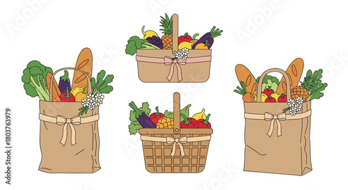 A charming illustration of grocery bags and picnic baskets filled with a colorful assortment of fresh fruits, vegetables, and bread.