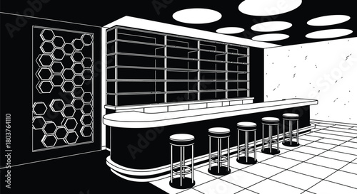 Black and white bar interior design with stools and shelf vector