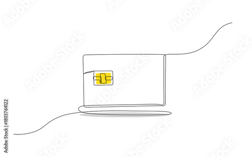 Minimal continuous one-line illustration of a digital chip card with a clean curved line, representing modern electronic identity, secure payments, and digital financial access. Editable stroke