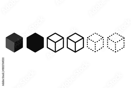 3D Cube and Box Icons Set - Solid, Outline, and Dotted Vector Symbols