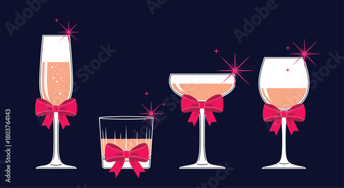 Four distinct cocktail glasses filled with sparkling peach drinks, each beautifully wrapped with a festive fuchsia bow, perfect for celebrations.