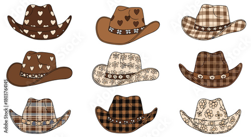 A vibrant collection of nine distinct cowboy hats, featuring charming heart, plaid, and floral patterns in warm brown and beige hues.