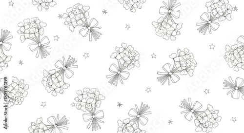 A repeating pattern of charming lucky four-leaf clover bouquets tied with bows and scattered with delicate stars on a clean white background.