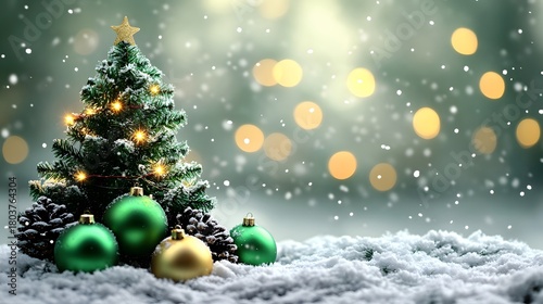 A decorated Christmas tree stands on a snowy surface, surrounded by shiny green and gold ornaments.