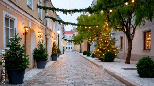 Festive Christmas decorations illuminating historic cobblestone street at dusk