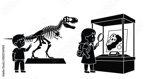 Children at museum looking at dinosaur skeleton and rock exhibit