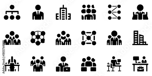 Comprehensive business structure icon collection showcasing corporate hierarchy, teamwork, leadership, office roles, and organizational management in modern professional design