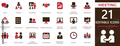Clean flat vector meeting icon set representing discussion, teamwork, and communication. Perfect for business, office, and corporate planning design projects.