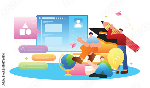 Education and teamwork with digital resources in a learning space. Vector illustration