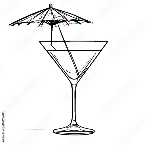 Martini glass with a small cocktail umbrella and clear liquid illustration on a white background