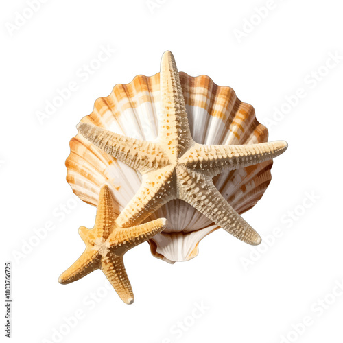Two Starfish And Large Seashell On White Background Isolated Studio Shot