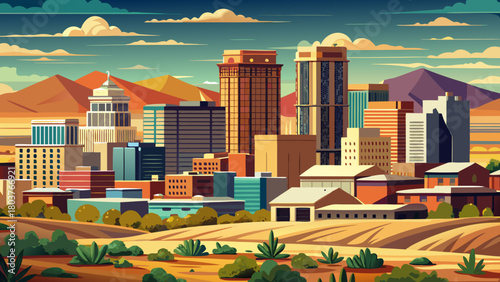 Very beautiful downtown Albuquerque cityscape featuring modern mid-rise buildings, distant desert mesas, and a clear Southwestern sky creating a clean, atmospheric urban view.