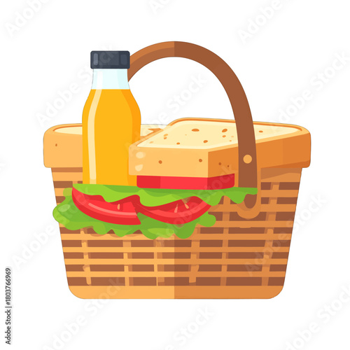Wicker Picnic Basket Filled With Sandwiches Lettuce Tomato And A Bottle Of Orange Juice On A White Background