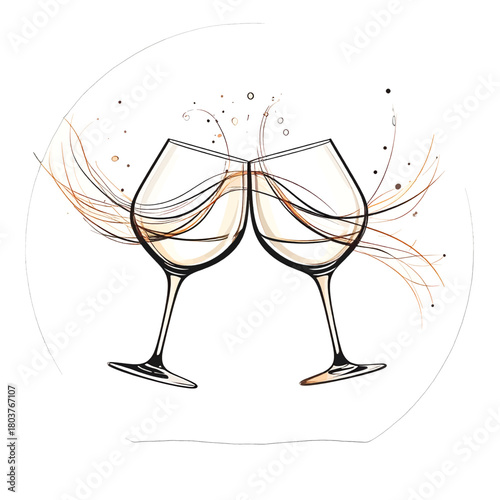 Two Wine Glasses Clinking Together In A Toast Celebrating With Sparkling Wine And Abstract Swirls Of Orange And White Against A White Background