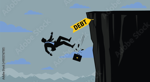 Debt financial crisis businessman falling off cliff illustration