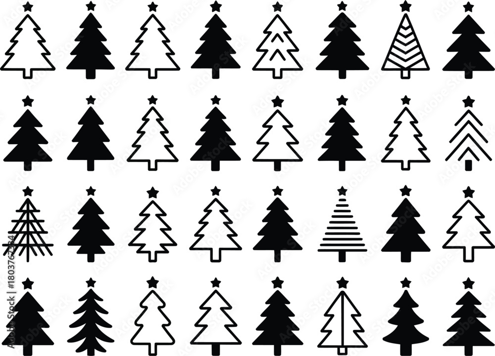 Fototapeta premium Black & White Christmas Tree Icons Set – Minimal Evergreen Line & Solid Holiday Shapes