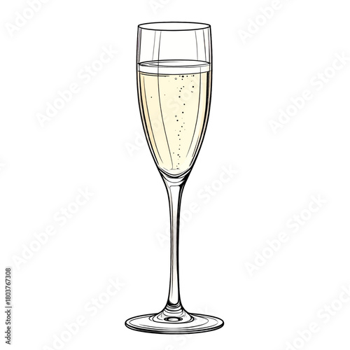 A Single Champagne Flute Filled With Pale Yellow Sparkling Wine Showing Tiny Bubbles Rising Upwards Against A White Background With Outline Details