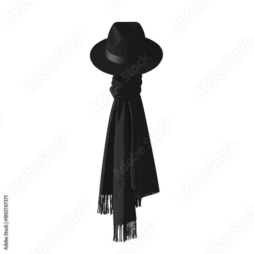 Black Fedora Hat and Scarf with Fringe Detail on White Background Minimalist Studio Product Shot